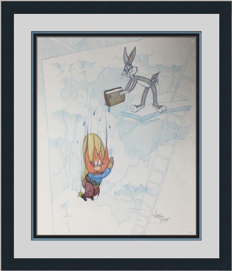 Virgil Ross Signed Bugs Bunny Yosemite Sam Model Sheet Custom Framed: Virgil Ross Signed Bugs Bunny Yosemite Sam Model Sheet Custom Framed This original model sheet drawing features iconic characters Bugs Bunny and Yosemite Sam, beautifully illustrated by legendary anim