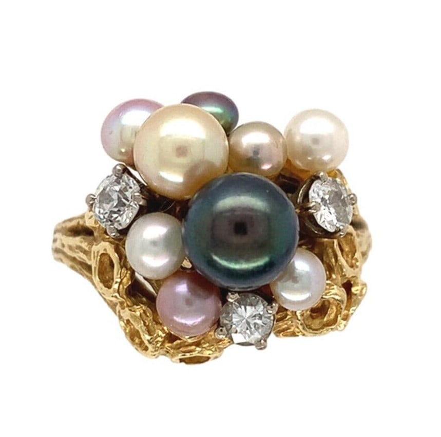 18k Yellow Gold Multicolor Pearl Diamond Ring 6.5 Coral Reef Design (1 of 12)