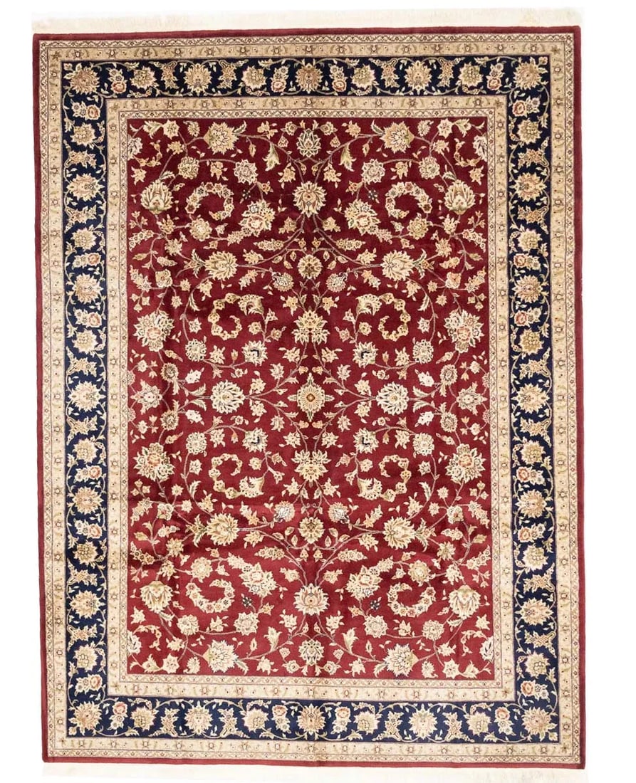 Hand-Knotted Deep Red Wool and Silk Oriental Area Rug 8'5 x 11'5 Floral Pattern: Hand-Knotted Deep Red Wool and Silk Oriental Area Rug 8'5 x 11'5 Floral Pattern This large handmade Oriental rug features a deep red background with an intricate floral design, crafted using wool and