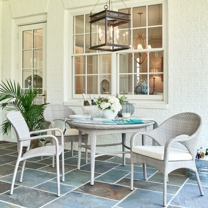 Woodbridge Traditional Floral Gray Outdoor Stacking Chair: Woodbridge Traditional Floral Gray Outdoor Stacking Chair Enhance your outdoor space with this Traditional Floral Gray Outdoor Cafe Chair, designed for both comfort and style. This chair features a cl