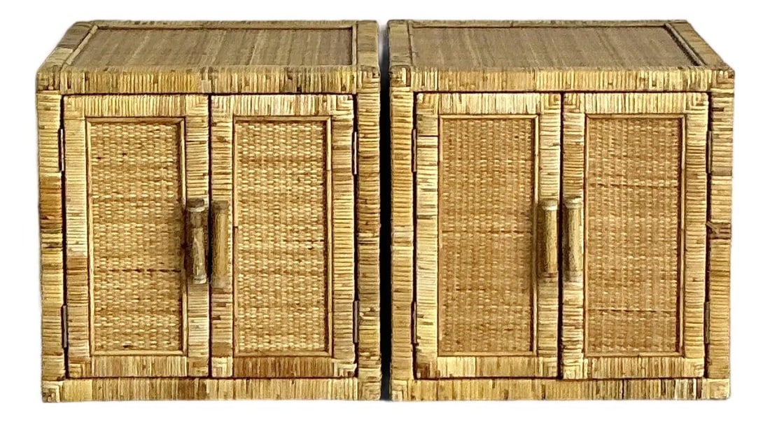 Pair of Bohemian Style Rattan Wrapped Nightstands with Storage: Pair of Bohemian Style Rattan Wrapped Nightstands with Storage This pair of vintage boho nightstands showcases expertly wrapped rattan construction, offering a distinctive blend of natural texture and