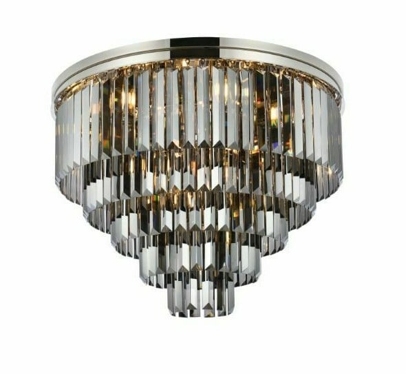 Sydney 17-Light Crystal Flush Mount Chandelier Polished Nickel 32 Inch: Sydney 17-Light Crystal Flush Mount Chandelier Polished Nickel 32 Inch Elevate your living space with this stunning Crystal Flush Mount Chandelier, designed in a contemporary style. Crafted with a pol