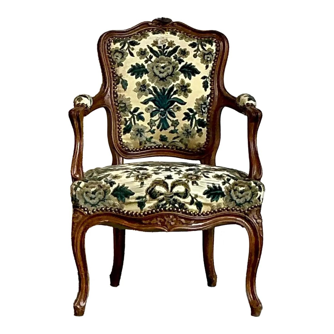 French Regency Style Fireside Chair with Distressed Fleur de Lys Upholstery (1 of 8)