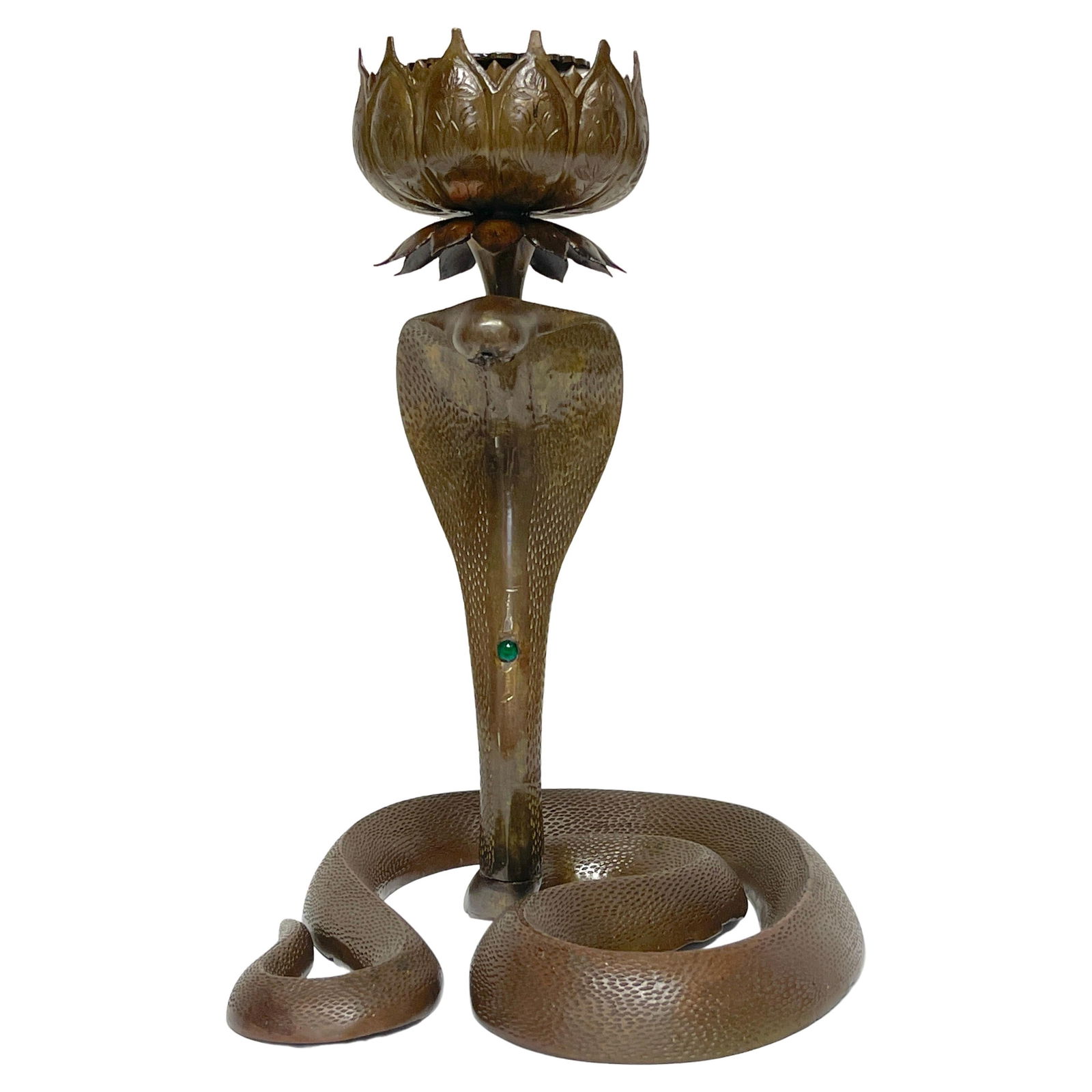 Antique 19th Century Anglo-Indian Bronze Cobra Candlestick with Emerald Gemstone: Antique 19th Century Anglo-Indian Bronze Cobra Candlestick with Emerald Gemstone This exceptional 19th Century Anglo-Indian Engraved & Jeweled Bronze Cobra Candlestick showcases remarkable craftsmansh