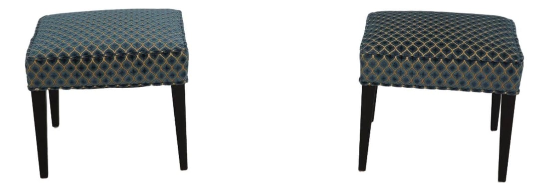 Set of Two Upholstered Ottomans with Black Ebonized Legs Modern Style: Set of Two Upholstered Ottomans with Black Ebonized Legs Modern Style This pair of modern design ottoman stools features high-quality upholstery and black ebonized legs, offering a clean and well-care