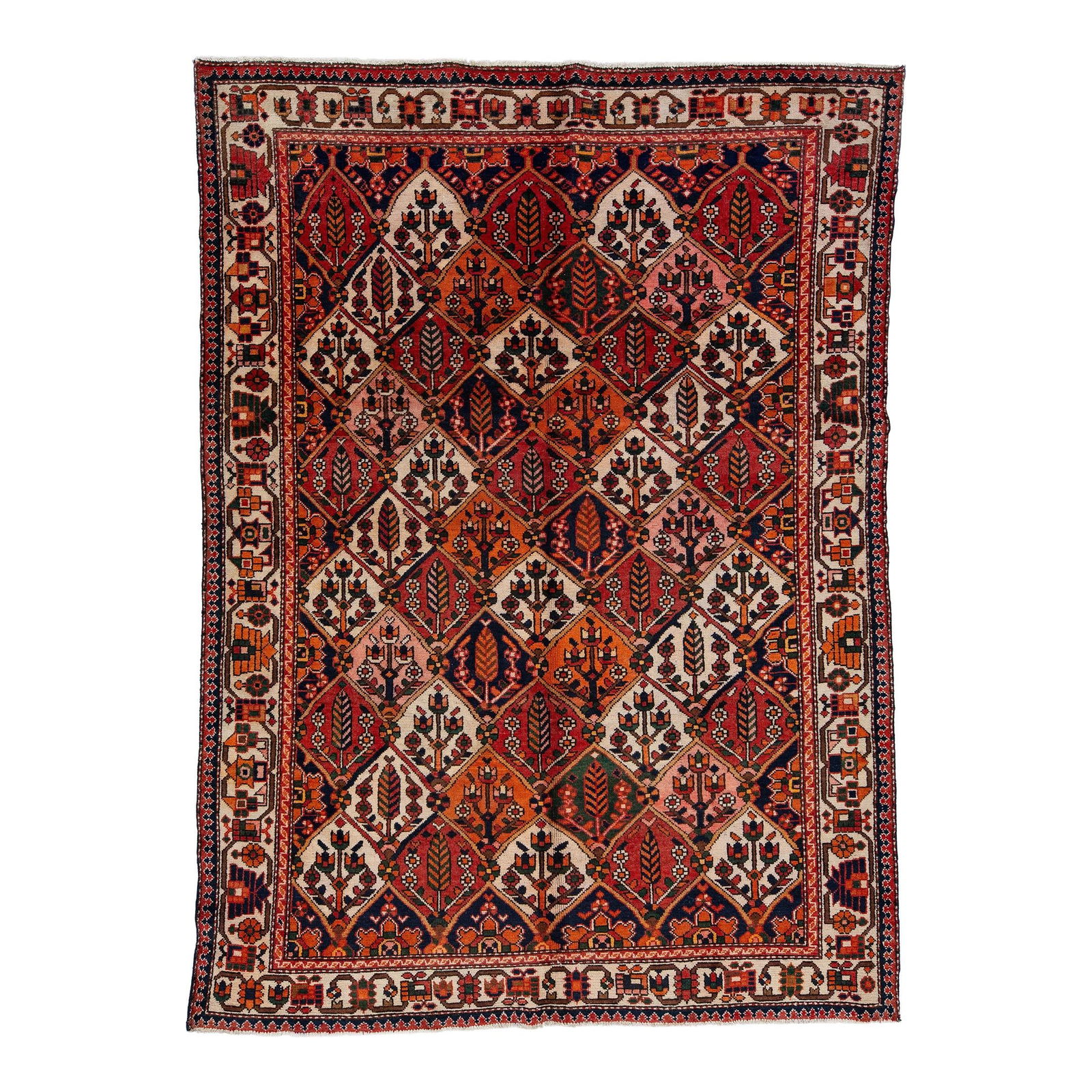 Vintage Persian Bakhtiari Handmade Wool Rug Red Medallion 7' x 9'8: Vintage Persian Bakhtiari Handmade Wool Rug Red Medallion 7' x 9'8 Discover a stunning vintage Persian Bakhtiari hand-knotted wool rug, showcasing a striking red color field. This exquisite piece feat