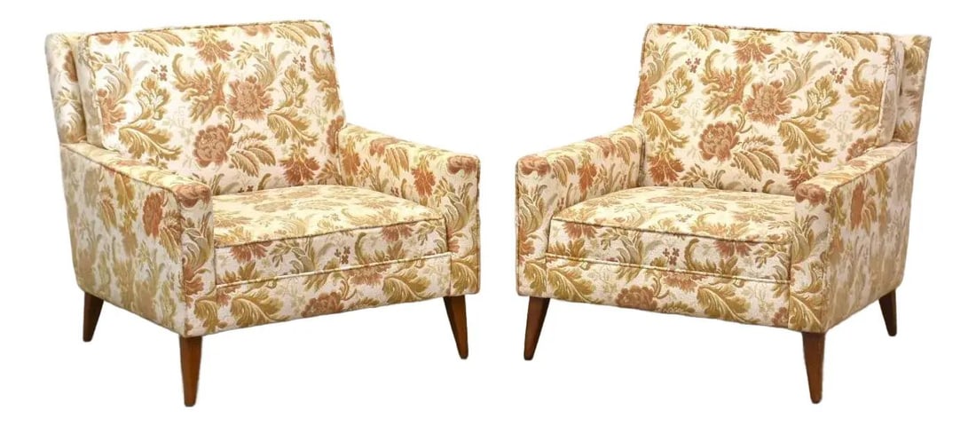 Mid Century Modern Lounge Chairs Pair Paul McCobb Style Maple Floral: Mid Century Modern Lounge Chairs Pair Paul McCobb Style Maple Floral This pair of mid-century modern lounge chairs features a stylish off-white floral pattern fabric, complemented by sturdy maple legs