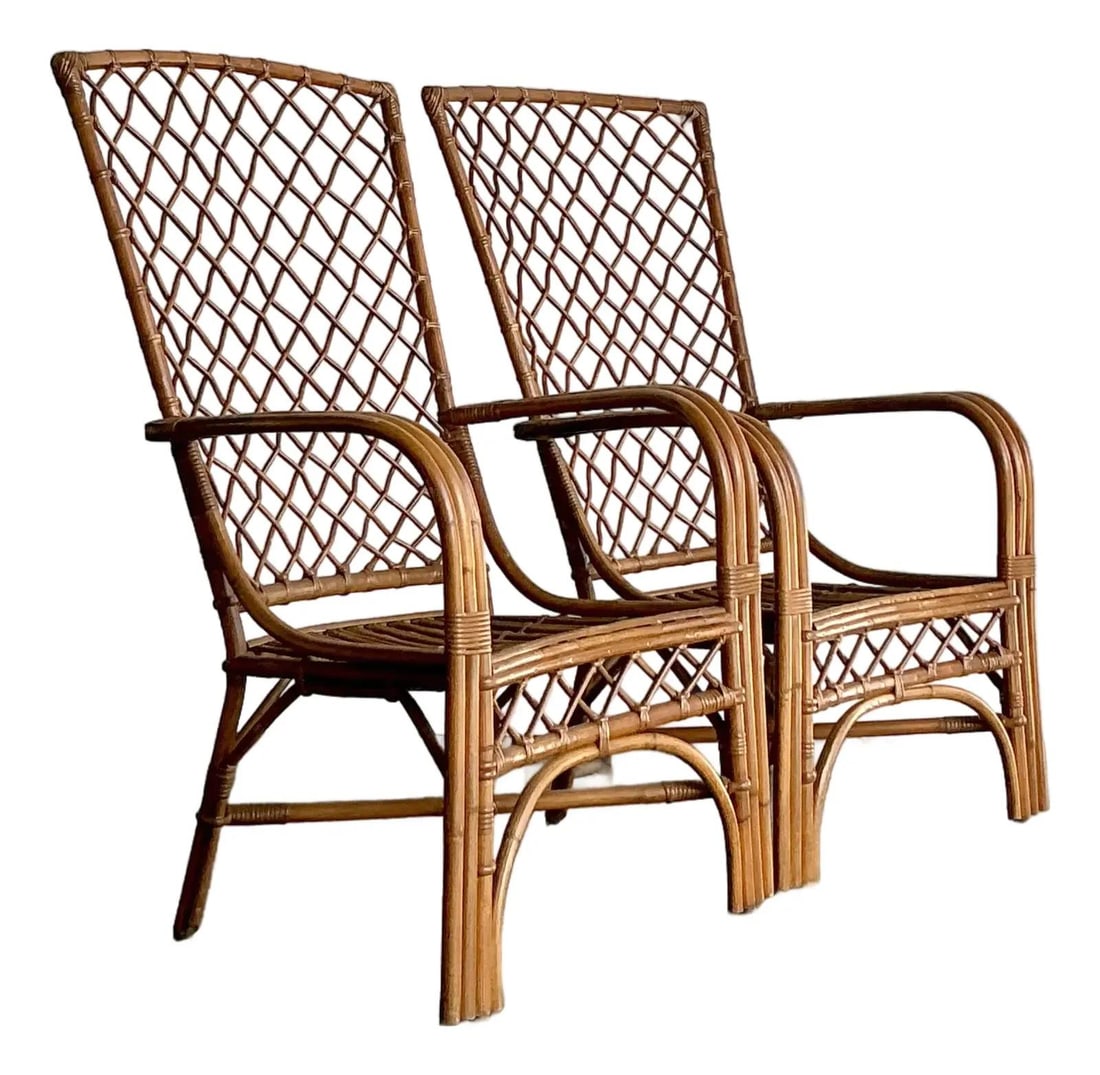 Pair of High Back Trellis Woven Rattan Bohemian Lounge Chairs (1 of 10)