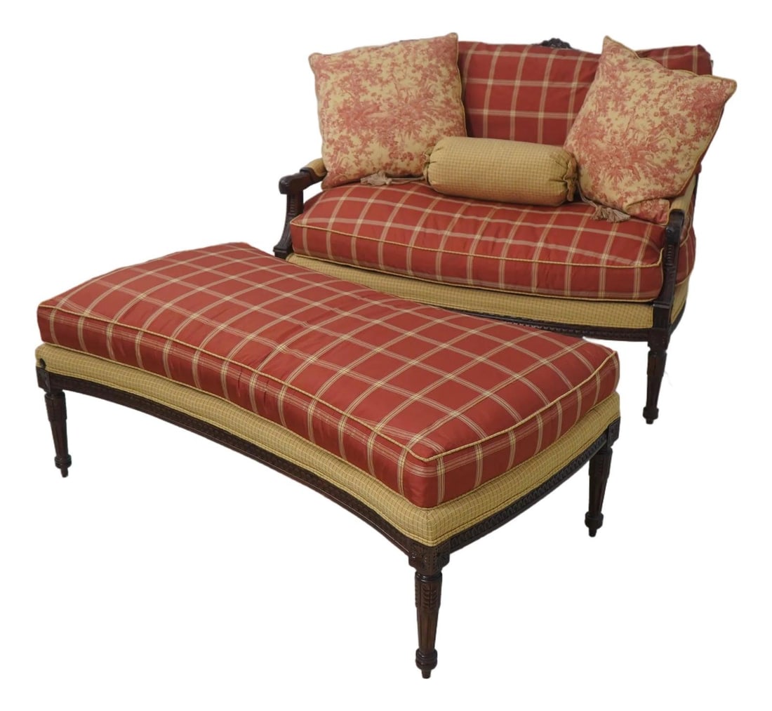 Raymond Waites French Style Mahogany Loveseat and Ottoman Set: Raymond Waites French Style Mahogany Loveseat and Ottoman Set This elegant Raymond Waites Mahogany Overstuffed Loveseat and Ottoman set showcases fine carved details and high-quality construction in a