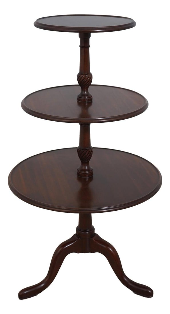 Elegant Mahogany 3 Tier Occasional Table with Queen Anne Legs: Elegant Mahogany 3 Tier Occasional Table with Queen Anne Legs This elegant 3 Tier Dumbwaiter Style Occasional Table showcases quality construction with its classic Queen Anne legs and pad feet. Crafte