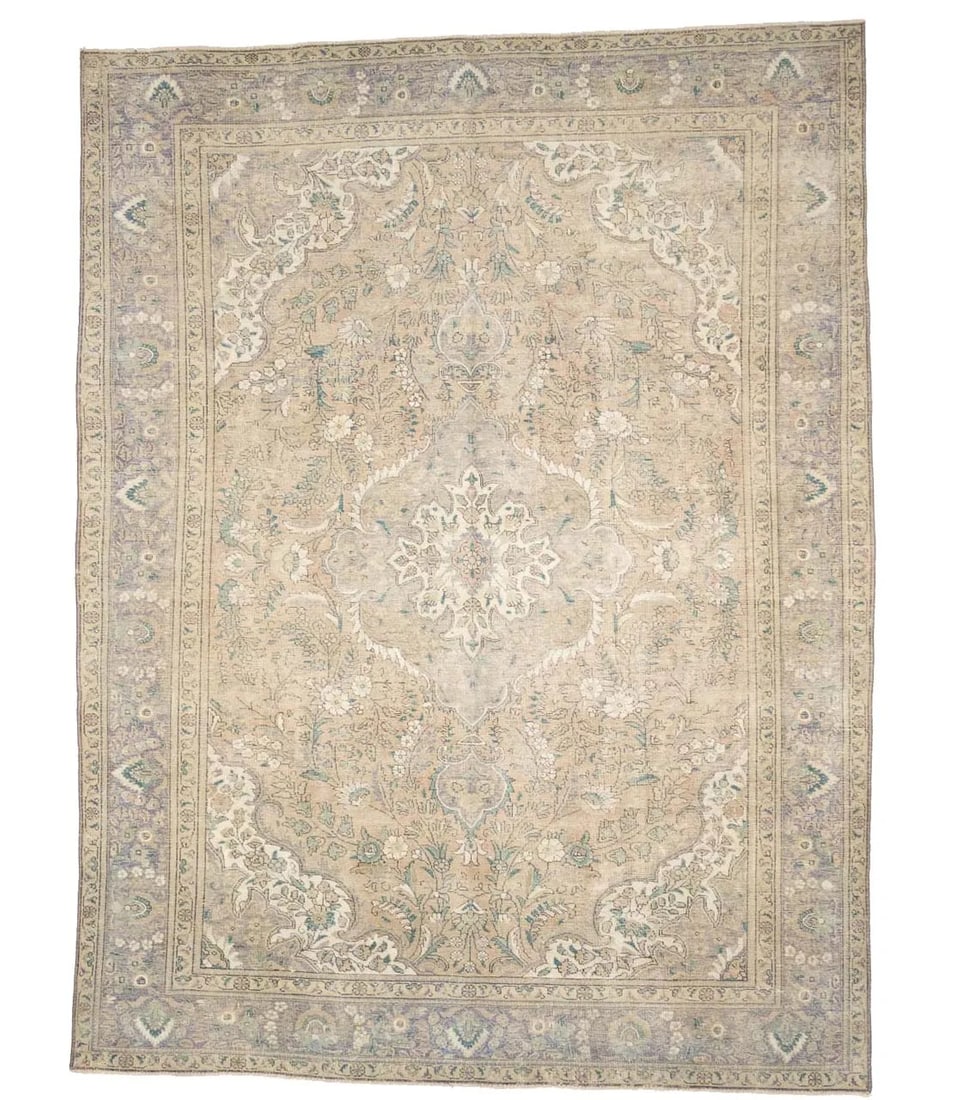 Muted Floral Wool Area Rug 9'5 x 12'5 Hand-Knotted Vintage 1960s (1 of 18)