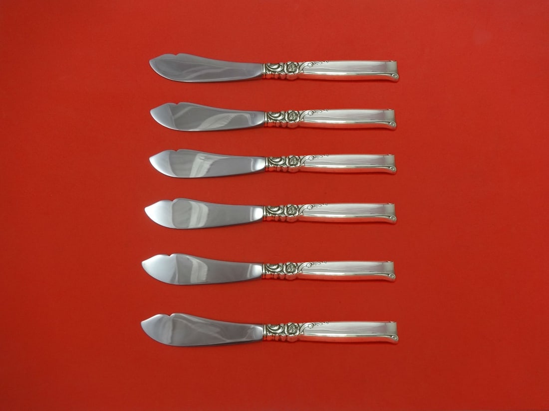 Oneida Silver Rose 6pc Sterling Silver Trout Knife Set Custom 7.5": Oneida Silver Rose 6pc Sterling Silver Trout Knife Set Custom 7.5" Discover this exquisite 6-piece Trout Knife Set in the elegant Silver Rose pattern by Oneida. Each knife features a hollow sterling s