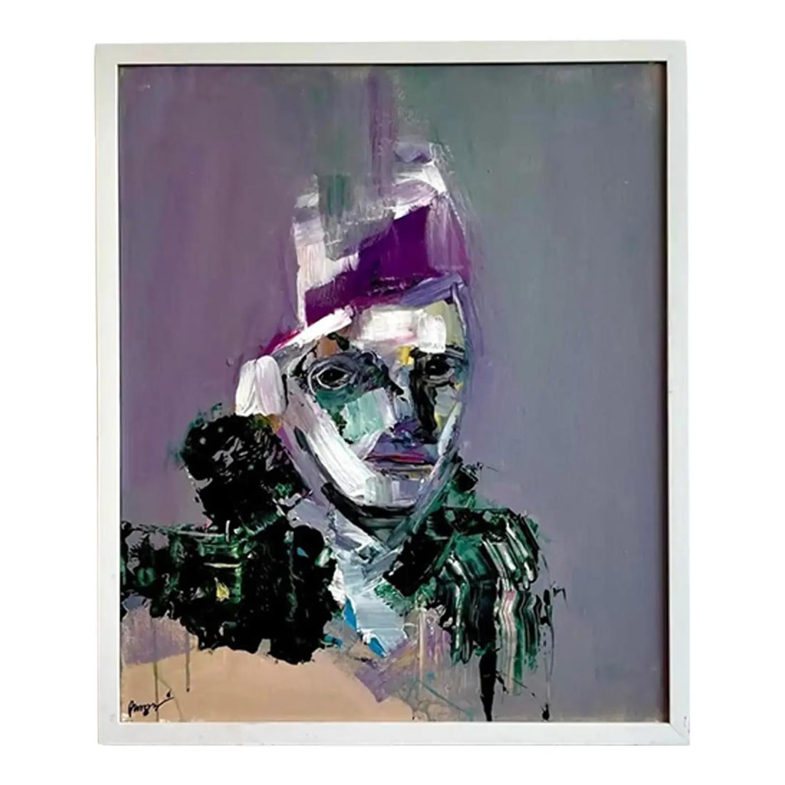 Abstract Purple Portrait Artwork Framed in White Boho Style: Abstract Purple Portrait Artwork Framed in White Boho Style This vintage boho painting features a striking abstract portrait with bold, layered brushstrokes in shades of white, green, black, and viole