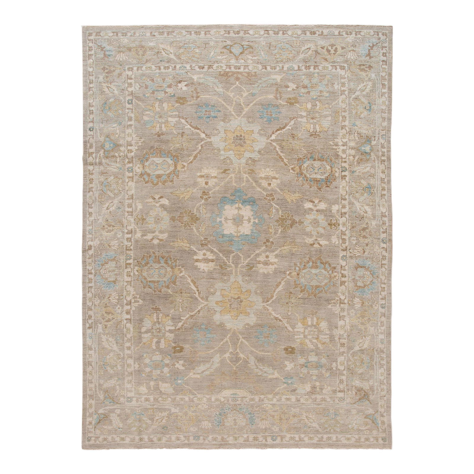 Beige Handmade Floral Wool Sultanabad Rug 10' x 13'6": Beige Handmade Floral Wool Sultanabad Rug 10' x 13'6" Enhance your home decor with this exquisite modern Sultanabad hand-knotted wool rug. Featuring a soft beige field, the rug showcases an intricate