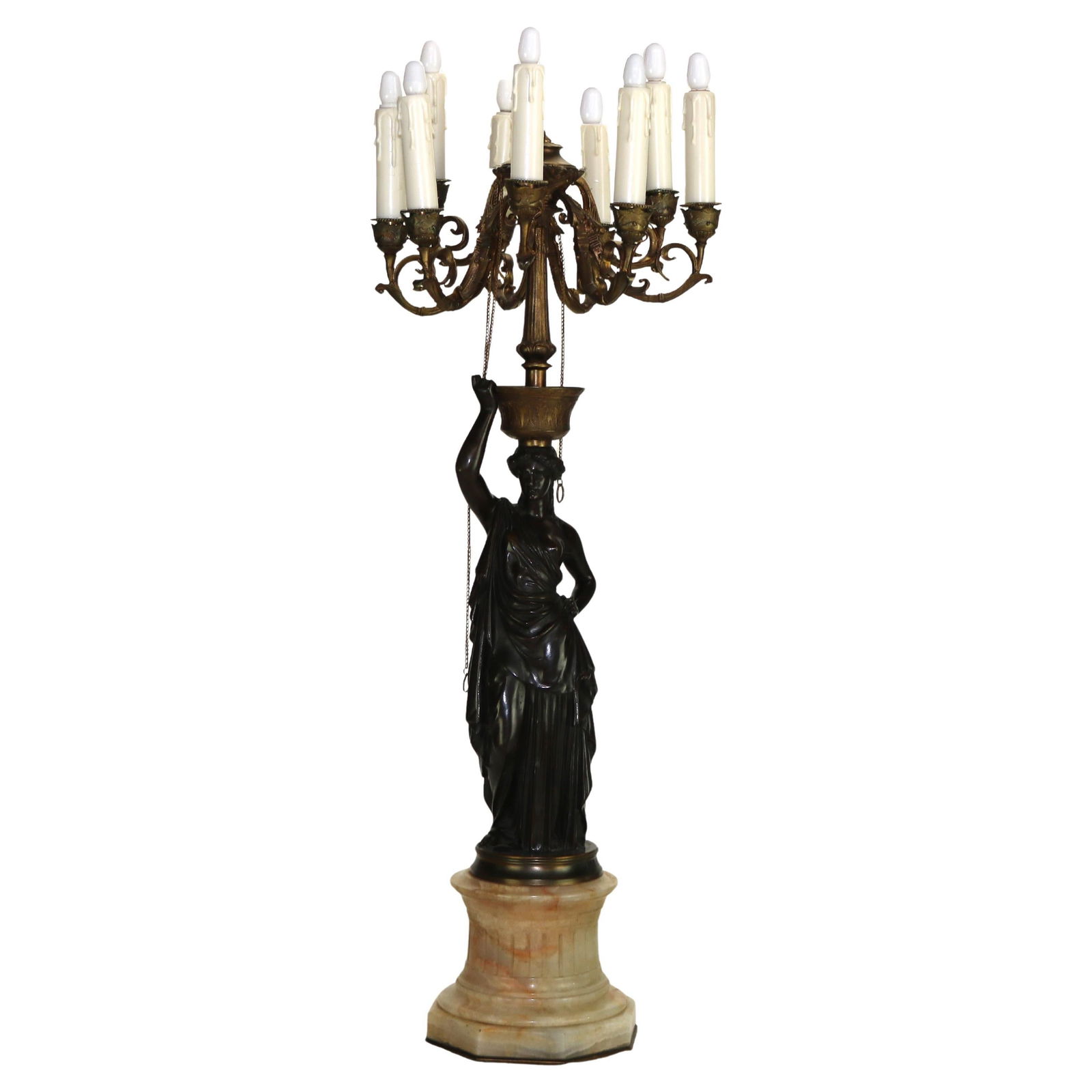 Bronze Candelabra with Classical Woman Figure Eight Lights Circa 1890: Bronze Candelabra with Classical Woman Figure Eight Lights Circa 1890 This antique candelabra features a sculptural bronze Classical woman supporting eight lights arranged in a circular formation. Mou