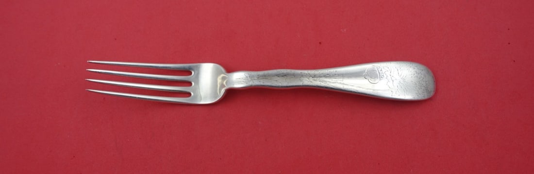 Tiffany Sterling Silver Dinner Fork 8" Lap Over Edge Acid Etched Peony Design: Tiffany Sterling Silver Dinner Fork 8" Lap Over Edge Acid Etched Peony Design This exquisite dinner fork is a stunning example of Tiffany & Co.'s craftsmanship, featuring the elegant 'Lap Over Edge Ac