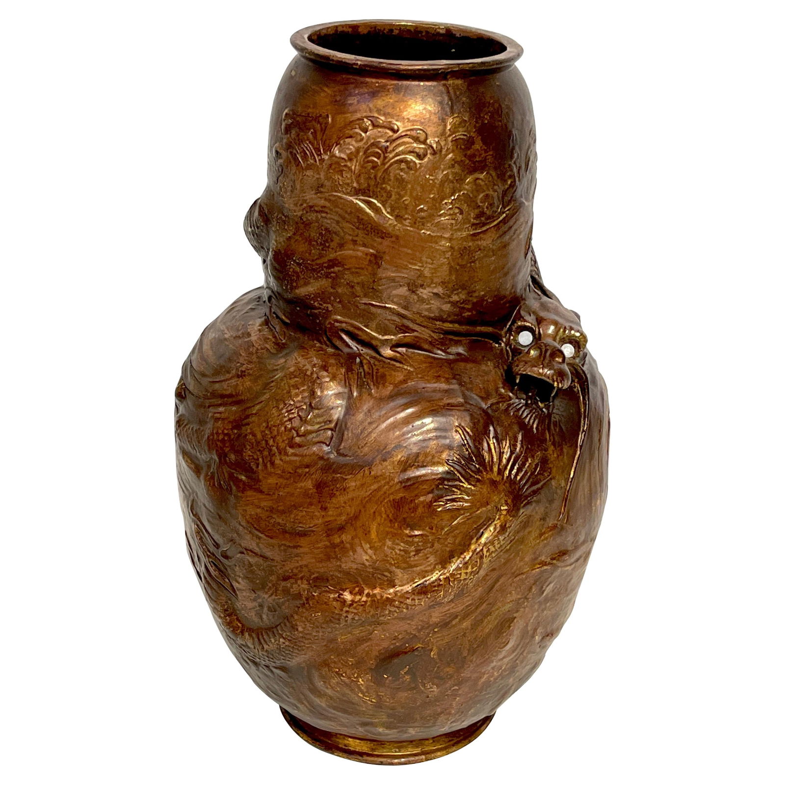 Japonisme Dragon Copper Clad Vase by Bretby Pottery 1890s: Japonisme Dragon Copper Clad Vase by Bretby Pottery 1890s This stunning Japonisme Dragon Motif Copper Clad Vase by Bretby Pottery showcases exquisite craftsmanship from the late 19th century. Standing