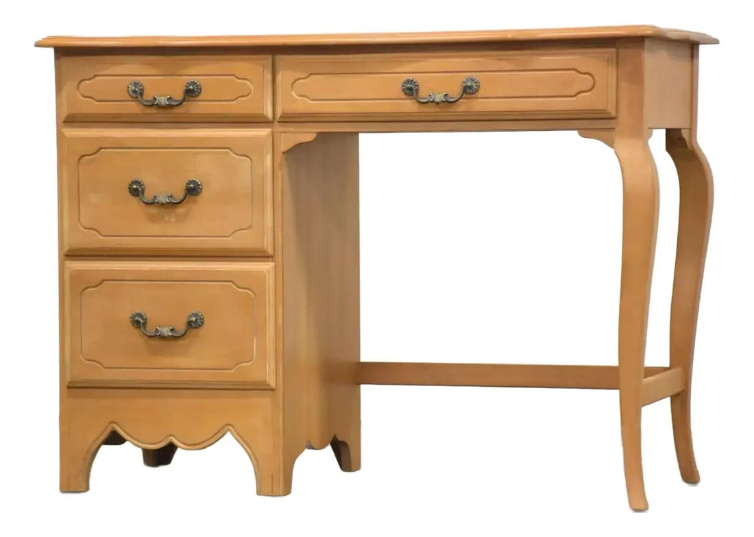 1990s Ethan Allen French Desk Solid Maple Dovetail Drawers: 1990s Ethan Allen French Desk Solid Maple Dovetail Drawers Discover the charm of this 1990s Ethan Allen Country French Desk, crafted from solid maple. This elegant desk features dovetail drawers, ensu