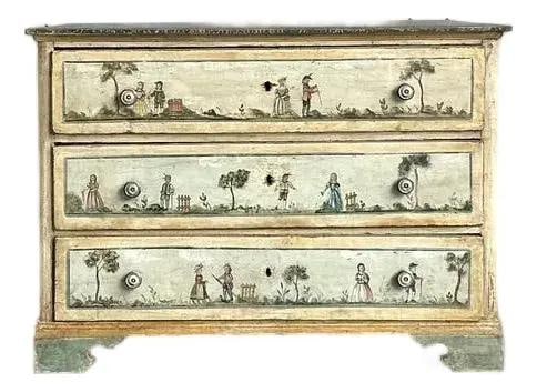 Hand Painted 19th Century Bohemian Chest of Drawers with Distressed Finish: Hand Painted 19th Century Bohemian Chest of Drawers with Distressed Finish This vintage 19th-century chest of drawers features hand-painted scenes across the drawer fronts and sides, showcasing bohemi
