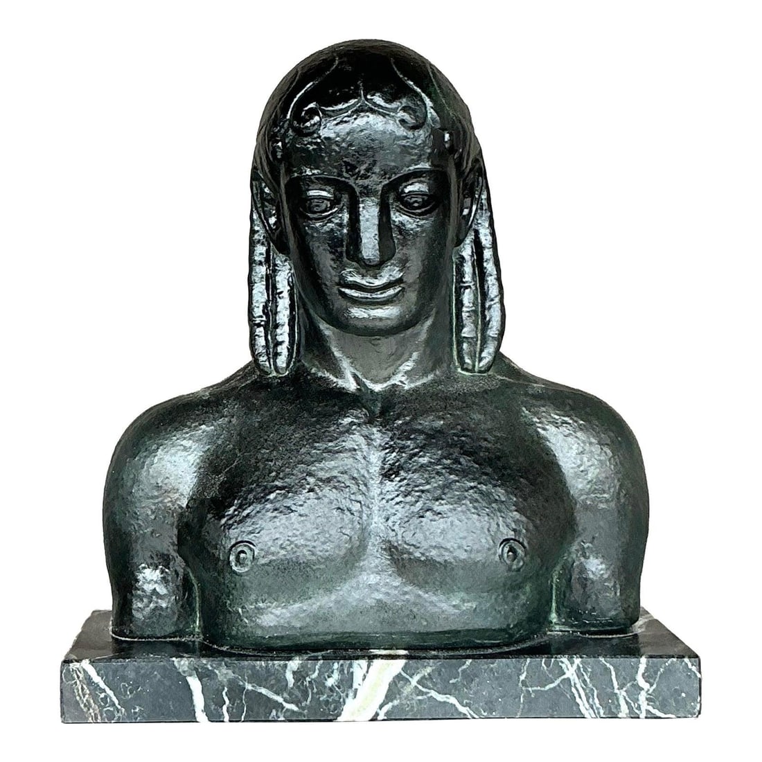 Vintage Boho Plaster Bust of Man on Marble Base: Vintage Boho Plaster Bust of Man on Marble Base Enhance your living space with this stunning mid-20th century vintage patinated plaster bust of a man. This exquisite piece features strong, stylized fa
