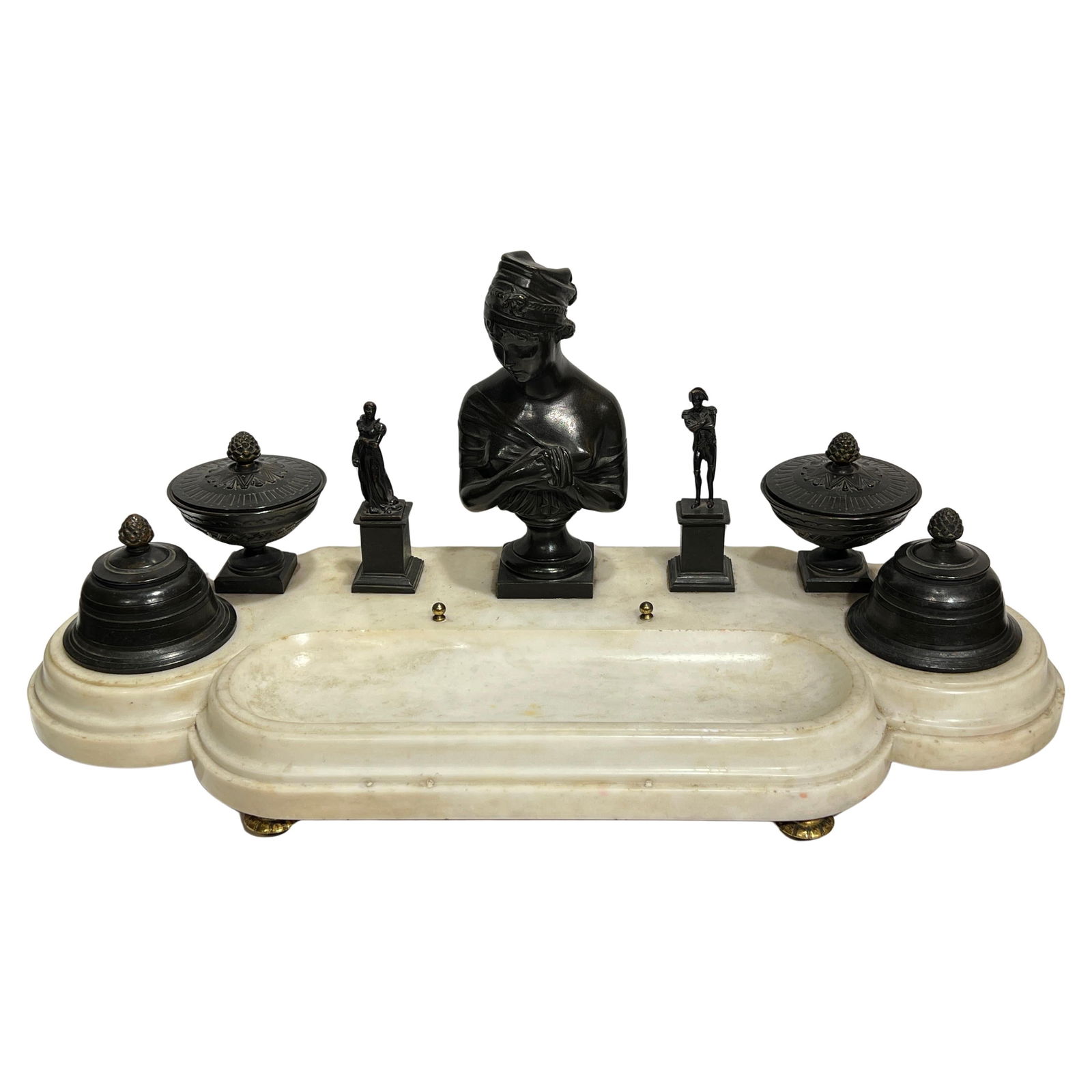 French Empire Bronze and Marble Inkwell with Napoleon and Juliette Recamier Bust: French Empire Bronze and Marble Inkwell with Napoleon and Juliette Recamier Bust This large antique French inkwell from the late 19th century is crafted in the Empire style and showcases Neoclassical