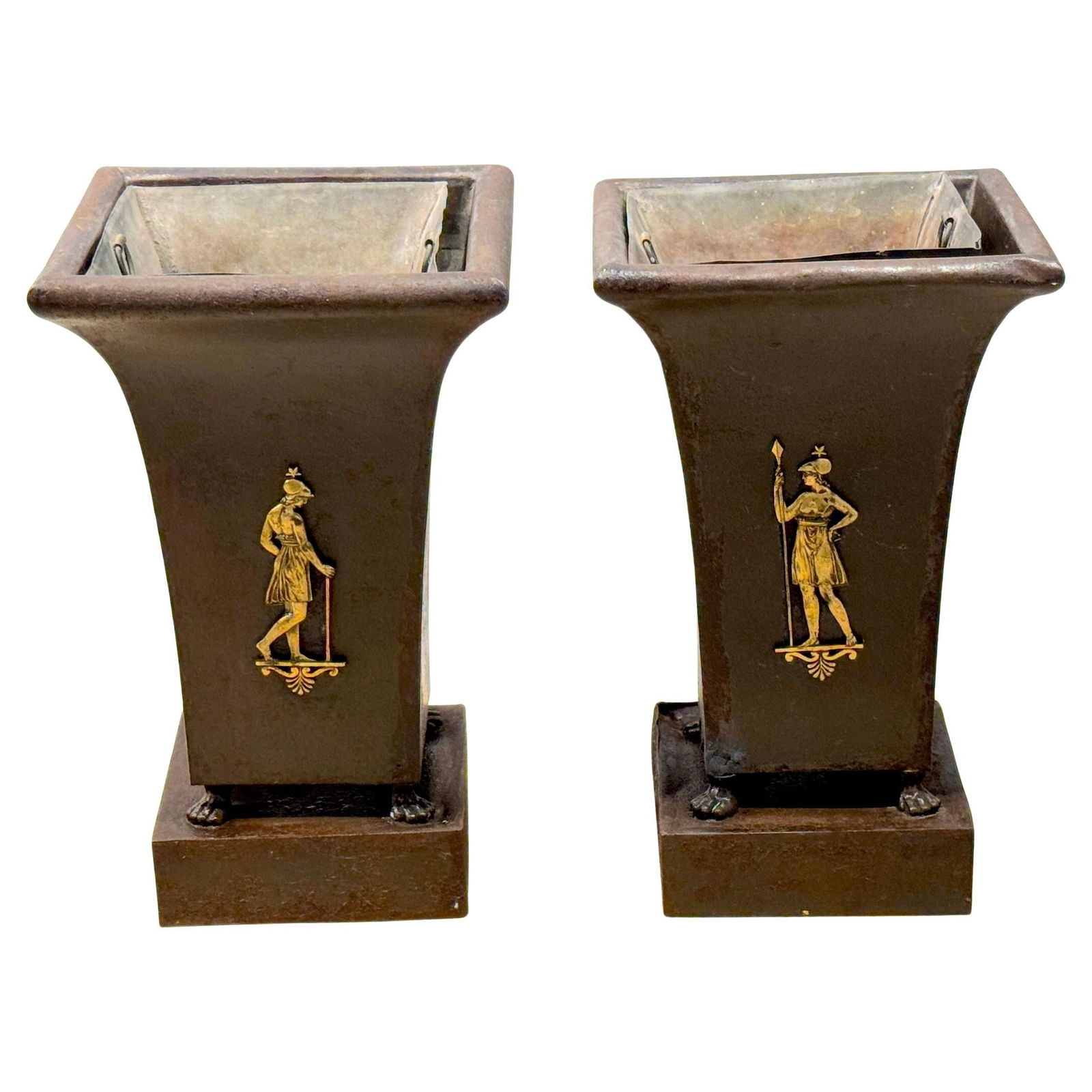 Set of Two French Regence Ormolu and Tole Planters with Allegorical Figures: Set of Two French Regence Ormolu and Tole Planters with Allegorical Figures This pair of French Regence-style planters from the early 19th century features finely cast gilt classical allegorical figur