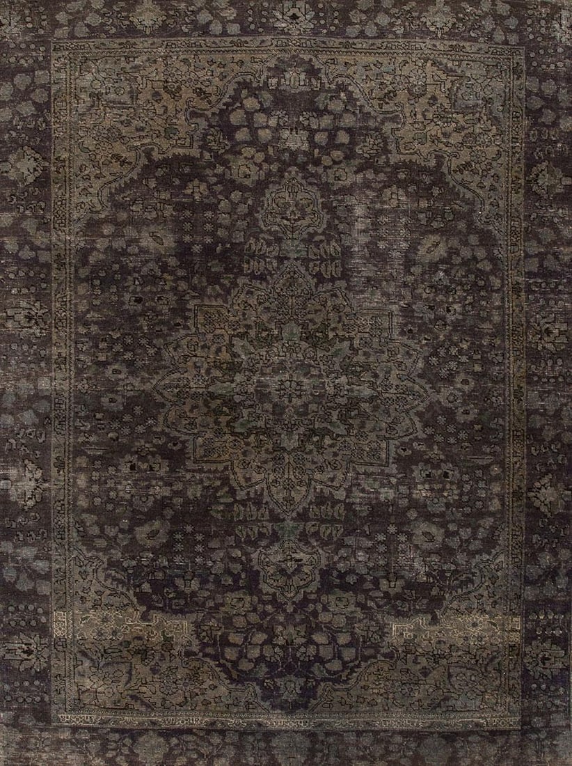 Vintage Overdyed Gray Handmade Wool Rug 6'4 x 9' Distressed Floral Design: Vintage Overdyed Gray Handmade Wool Rug 6'4 x 9' Distressed Floral Design Discover this exquisite early 20th-century vintage hand-knotted wool rug, featuring a stunning gray field adorned with brown a