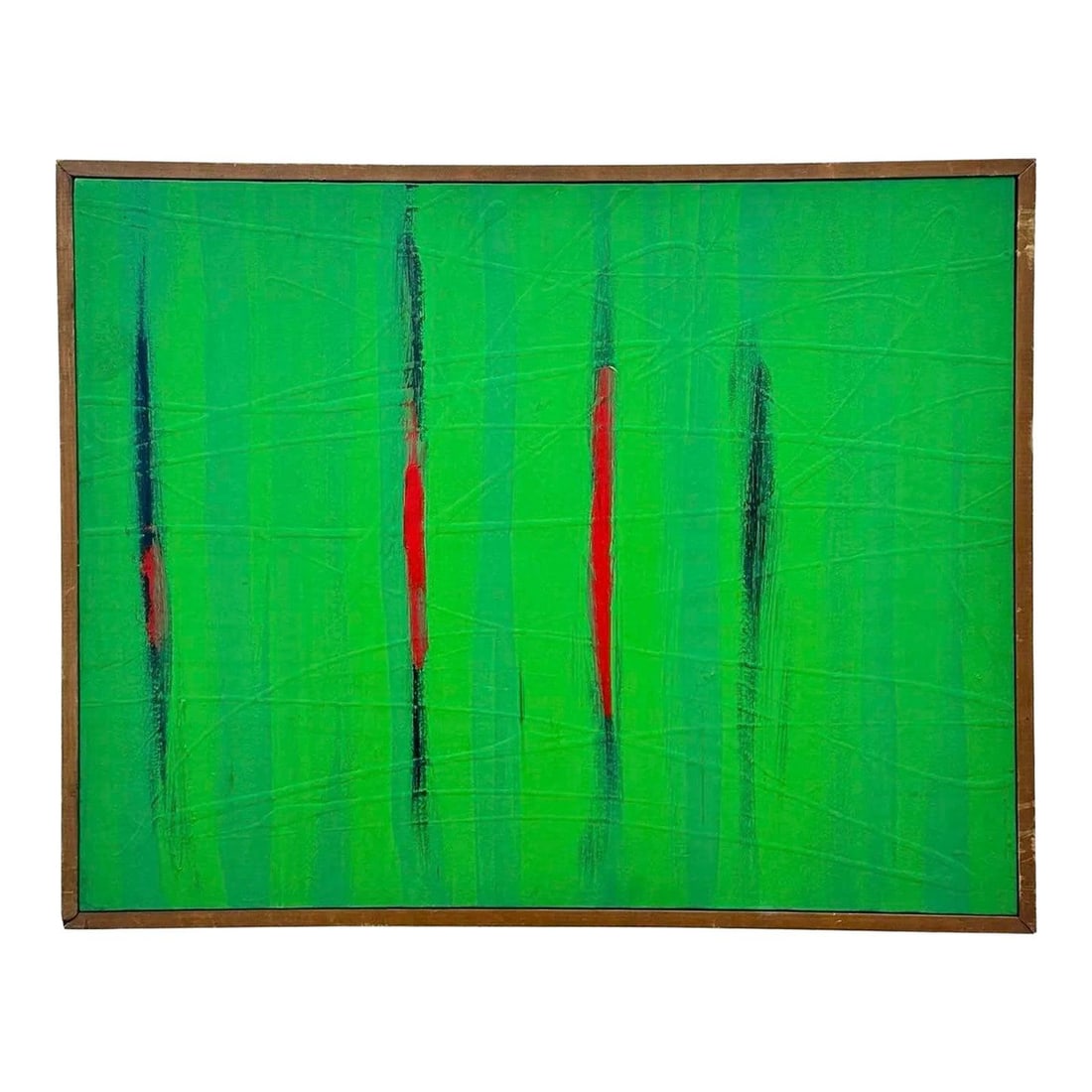 Abstract Oil Artwork with Bold Green Canvas and Textured Finish: Abstract Oil Artwork with Bold Green Canvas and Textured Finish This vintage boho abstract oil painting on canvas features vibrant green tones contrasted with bold red and blue linear elements. The pi