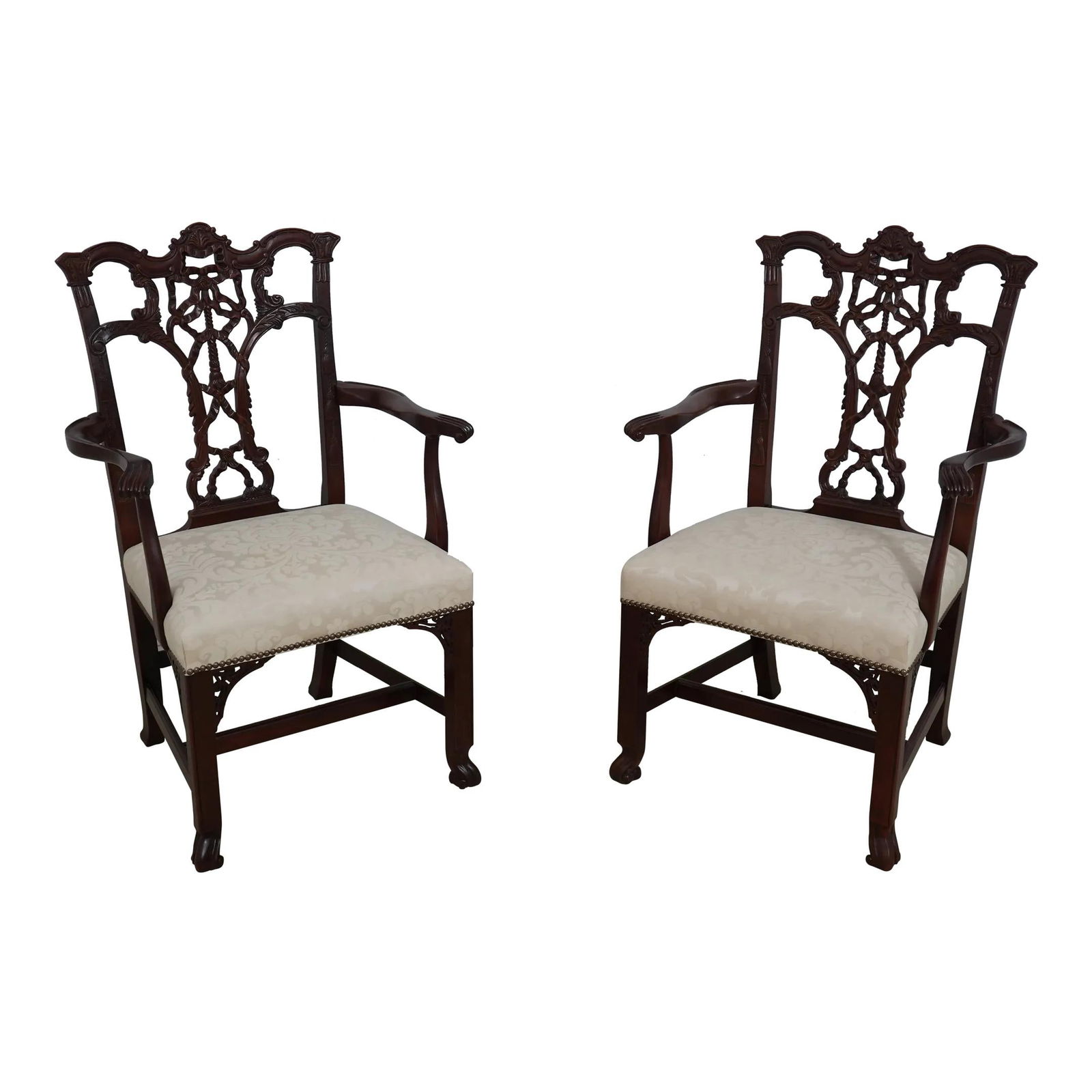 Elegant Pair of Rococo Mahogany Armchairs by Hickory Chair Co: Elegant Pair of Rococo Mahogany Armchairs by Hickory Chair Co This exquisite pair of Hickory Chair Co carved mahogany Rococo armchairs showcases a timeless Chippendale design with elegant traditional