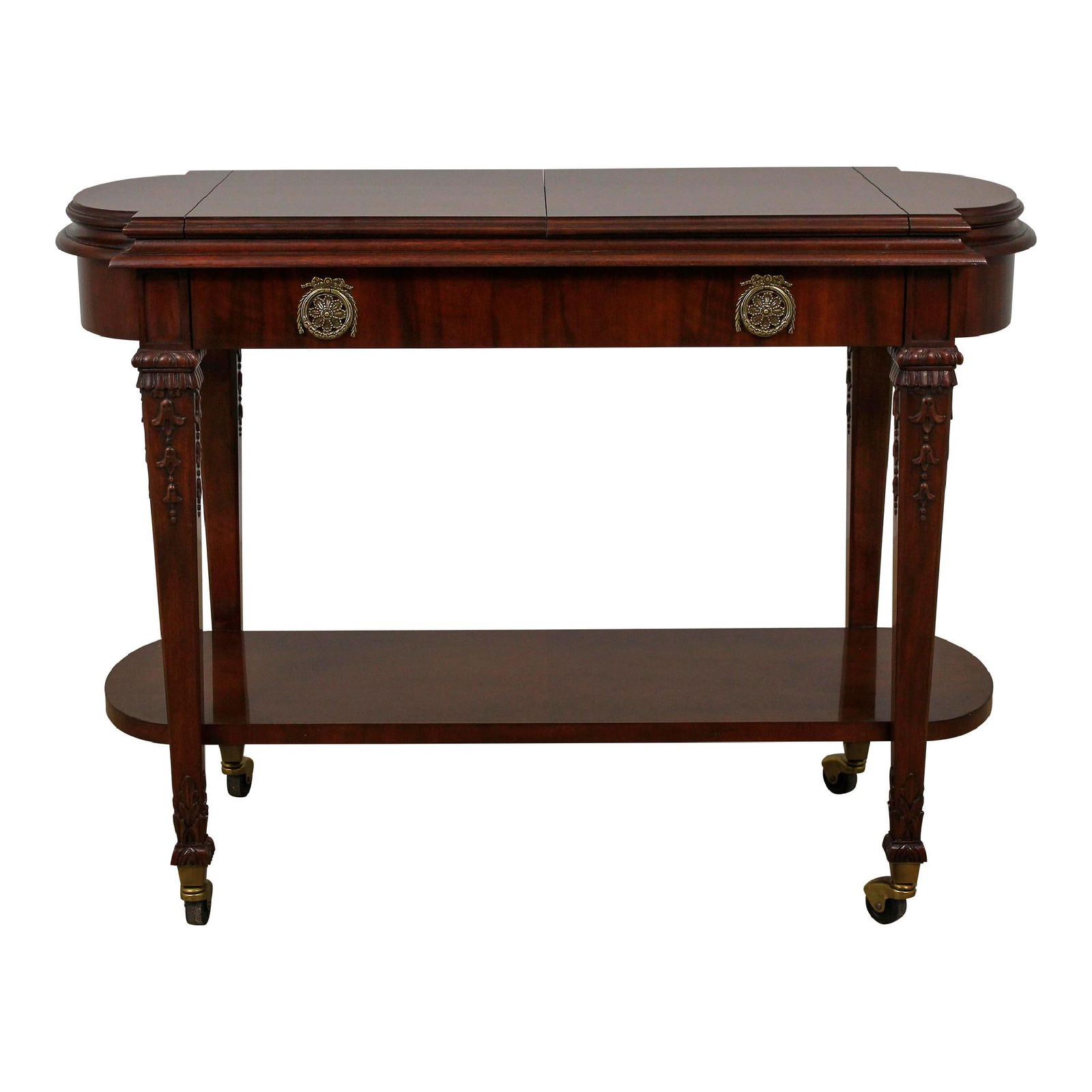 Karges French Louis XVI Walnut Flip Top Server with Brass Hardware: Karges French Louis XVI Walnut Flip Top Server with Brass Hardware This exquisite Karges French Louis XVI flip-top server is a stunning piece that embodies elegance and functionality. Crafted from hig