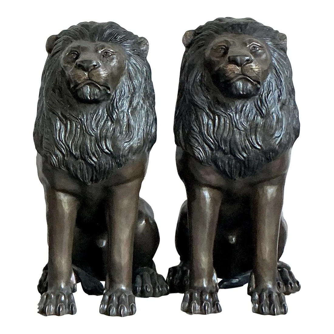 Pair of Monumental Bronze Lion Sculptures with Regal Patina 46" High (1 of 10)
