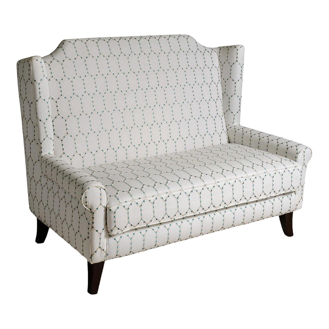 French Antique High-Back Settee Blue White Upholstery C.1940s: French Antique High-Back Settee Blue White Upholstery C.1940s This exquisite French Antique High-Back Upholstered Settee showcases the elegance of mid-20th century design. Crafted with a wood frame fr