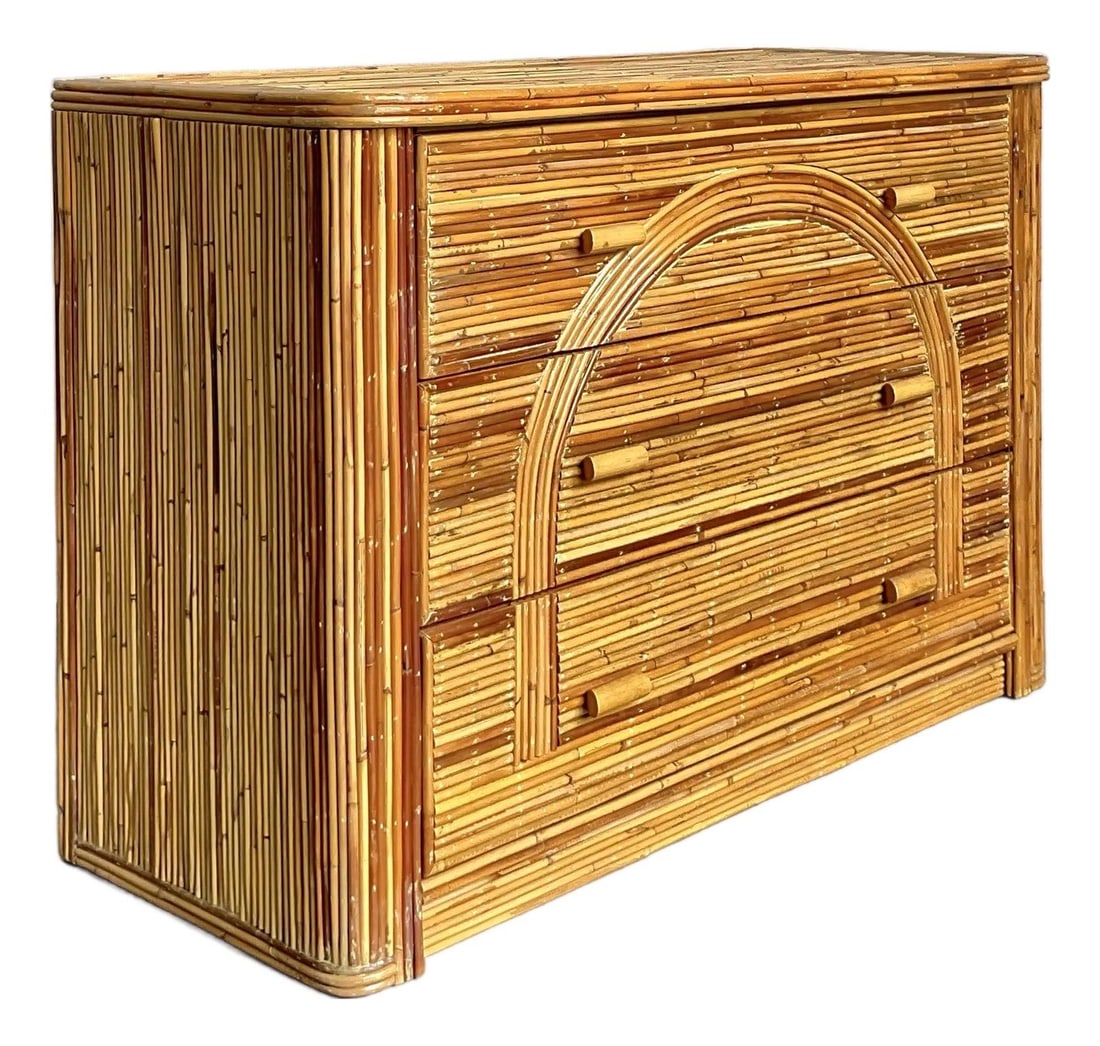 Boho Chic Pencil Reed Rattan Chest With Arched Front Design: Boho Chic Pencil Reed Rattan Chest With Arched Front Design This vintage chest of drawers showcases Boho Chic design with a distinctive arched motif on its facade. Expertly crafted from pencil reed ra