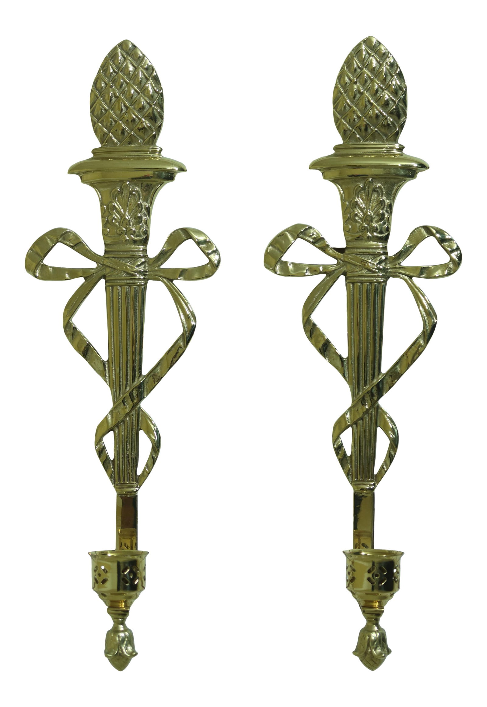 Virginia Metalcrafters Brass Torch Ribbon Wall Sconces Pair 23" High: Virginia Metalcrafters Brass Torch Ribbon Wall Sconces Pair 23" High This pair of Virginia Metalcrafters wall sconces showcases a stylish ribbon and torch design, crafted from heavy solid brass. With