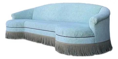 Curved Blue Green Velvet Sofa With Regency Style And Bullion Fringe: Curved Blue Green Velvet Sofa With Regency Style And Bullion Fringe This vintage Regency-inspired curved sofa features an extra-long, serpentine silhouette upholstered in sophisticated blue-green velv
