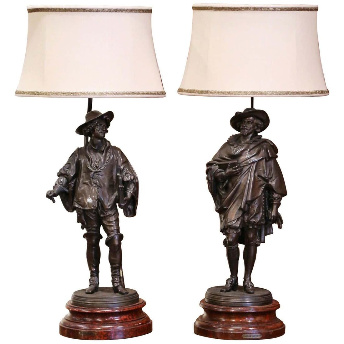 Set of Two French Spelter Renaissance Figural Lamps Circa 1870 With Shades: Set of Two French Spelter Renaissance Figural Lamps Circa 1870 With Shades This pair of mid-19th century French Renaissance table lamps features finely cast spelter figures representing 'Le Pecheur' a