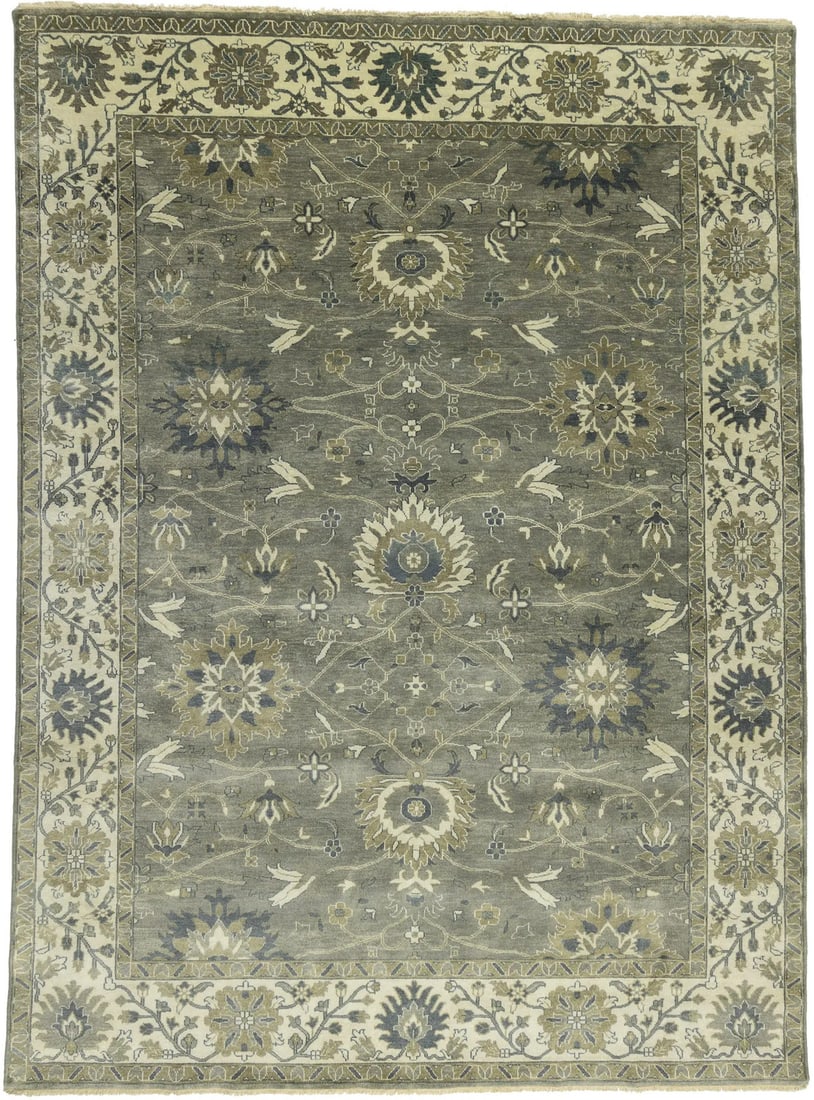 Hand-Knotted Oushak Chobi Rug 9x12 ft Floral Wool Green Gray (1 of 18)