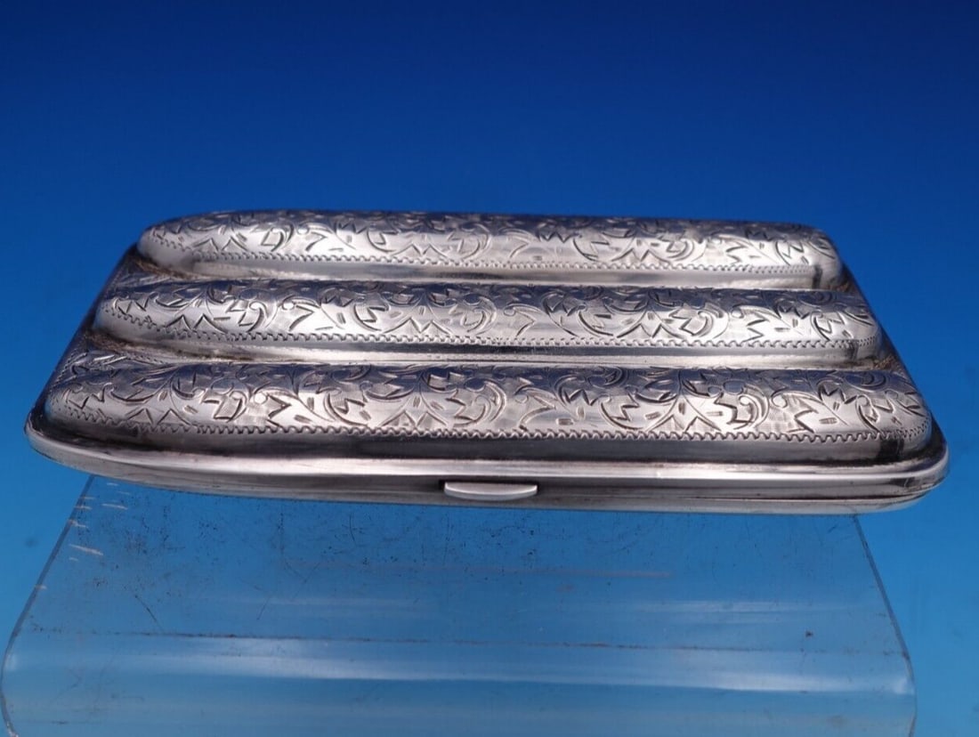 Japanese Sterling Silver Bright-Cut Cigar Case 5 5/8" x 3 1/4" x 7/8" (1 of 16)