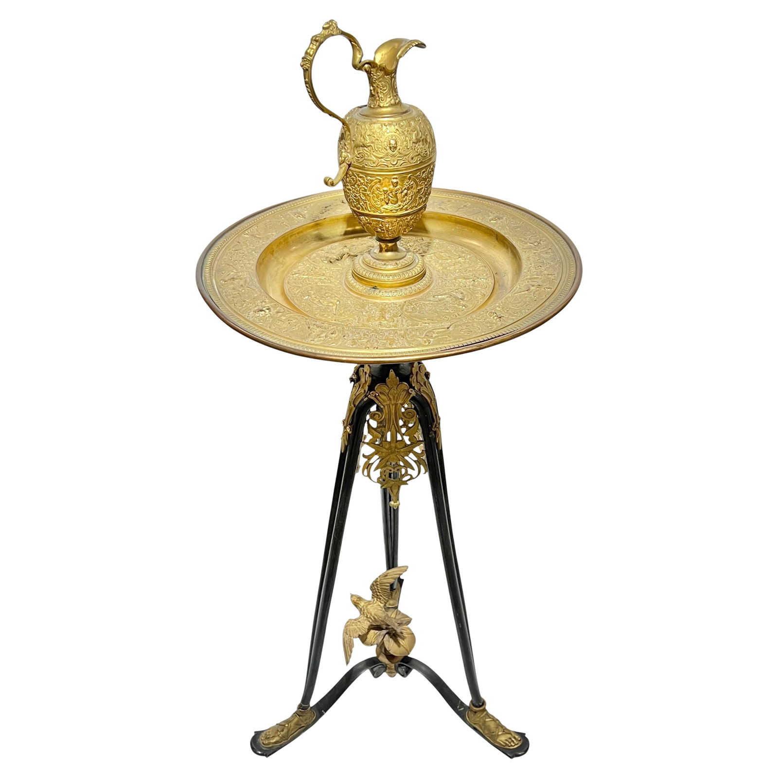 Neoclassical Gilt Bronze Ewer and Basin Set on Tripod Stand France 19th Century: Neoclassical Gilt Bronze Ewer and Basin Set on Tripod Stand France 19th Century This antique French ewer and basin set from the 19th century features finely cast gilt bronze and electroplate, presente