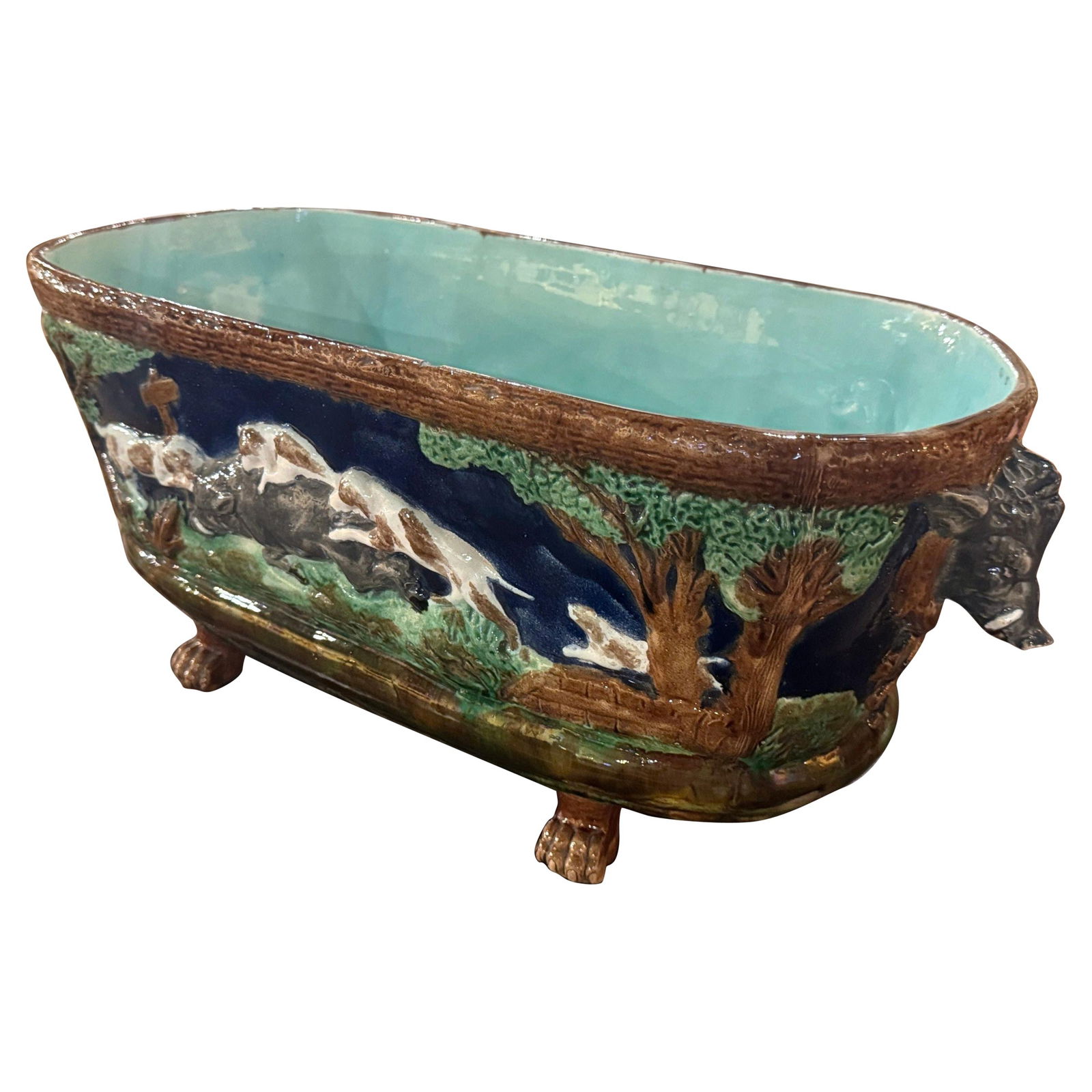 Antique 19th Century Sarreguemines Majolica Hound Boar Cache Pot: Antique 19th Century Sarreguemines Majolica Hound Boar Cache Pot This exquisite 19th Century French Barbotine ceramic cache pot from Sarreguemines is a stunning addition to any hunting lodge or ranch.