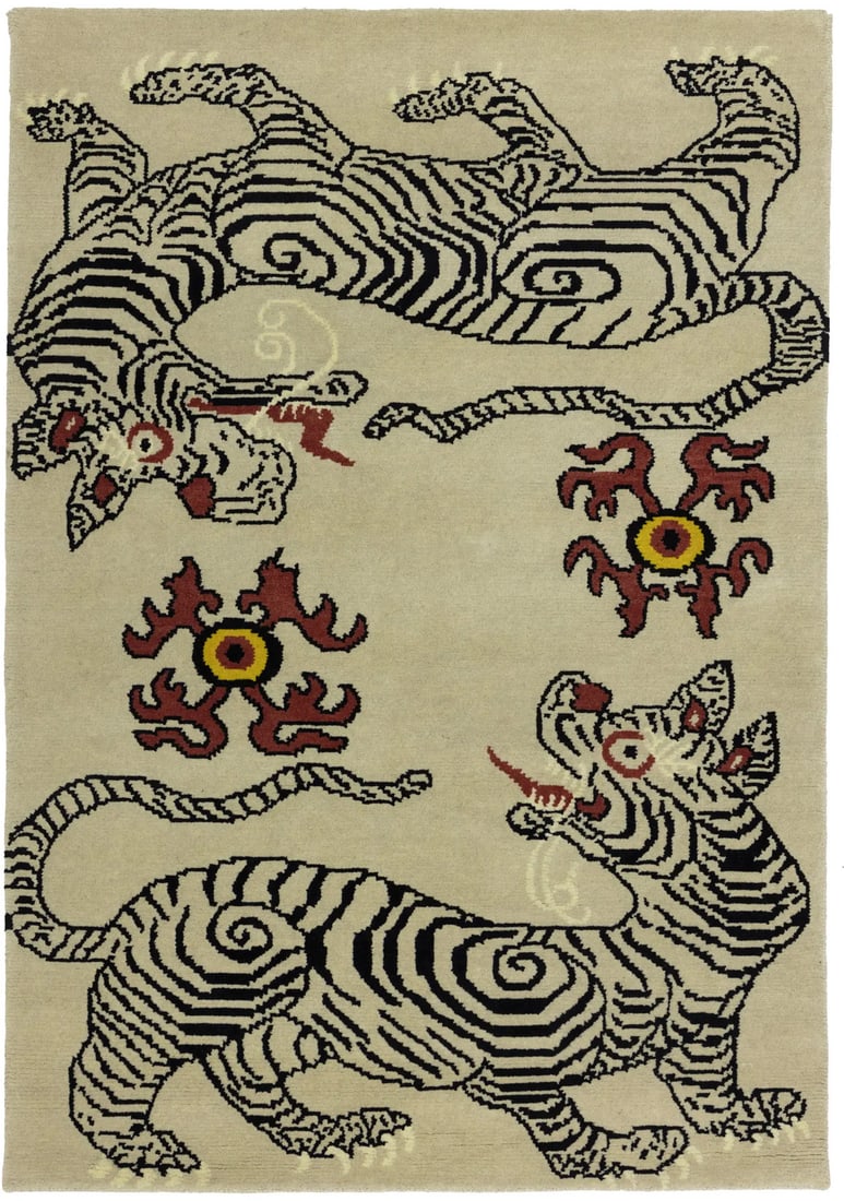 4'2" x 6'0" Wool Hand-Knotted Beige Tribal Tiger Pictorial Area Rug: 4'2" x 6'0" Wool Hand-Knotted Beige Tribal Tiger Pictorial Area Rug This handmade Nepali oriental rug features a striking tribal tiger design with a pictorial pattern in beige, black, rusty red, and y