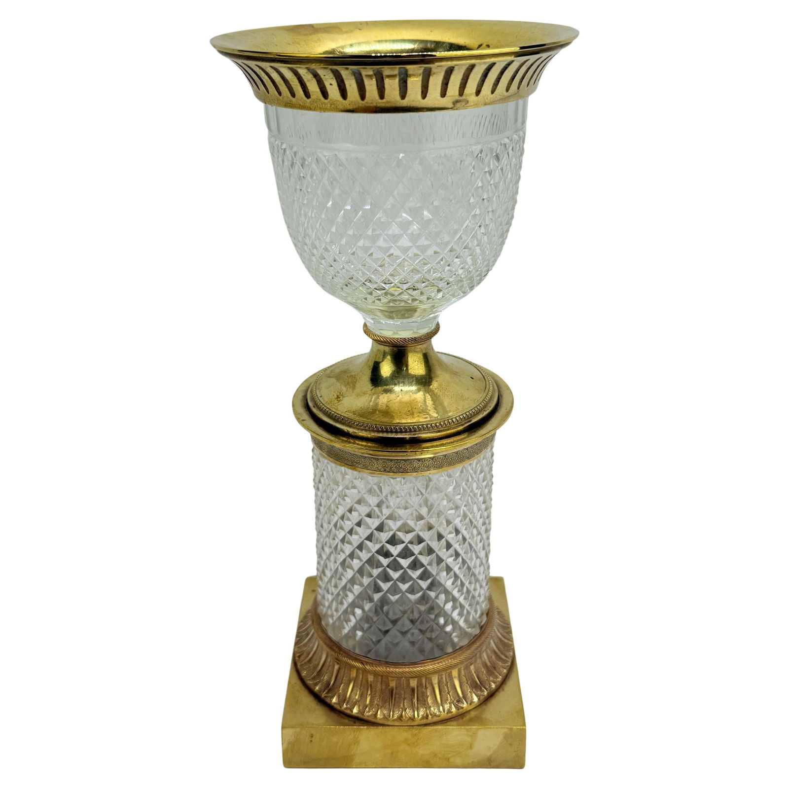19th Century French Empire Ormolu-Mounted Cut Crystal Vase: 19th Century French Empire Ormolu-Mounted Cut Crystal Vase This exquisite 19th-century French Empire potpourri vase showcases the elegance of the period with its ormolu-mounted design and cut crystal