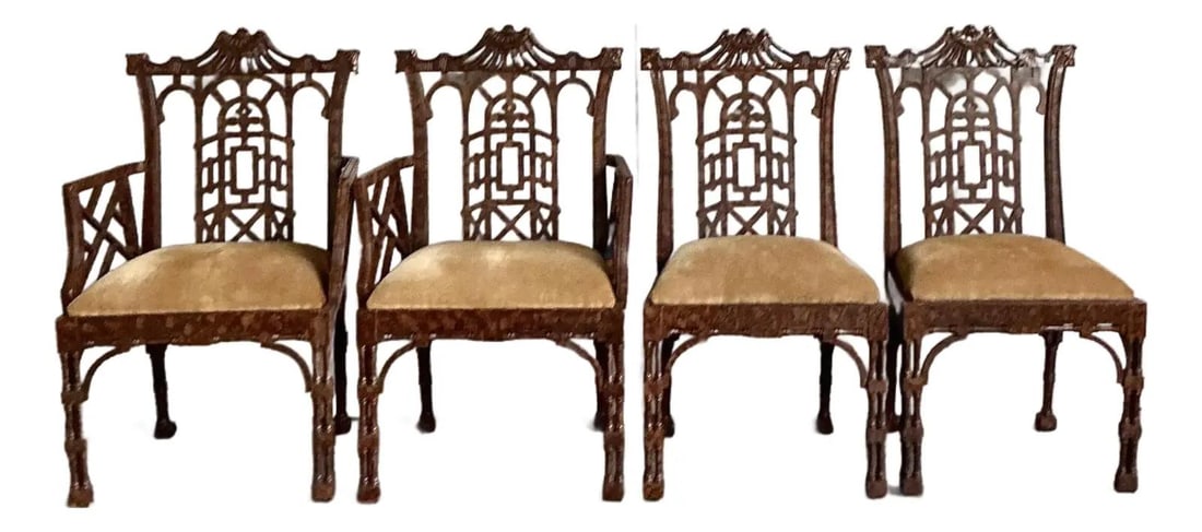 Set of 4 Faux Burl Pagoda Fretwork Dining Chairs With Chinoiserie Motif: Set of 4 Faux Burl Pagoda Fretwork Dining Chairs With Chinoiserie Motif This set of four vintage dining chairs showcases the refined allure of Chinoiserie-inspired design, featuring dramatic pagoda-st