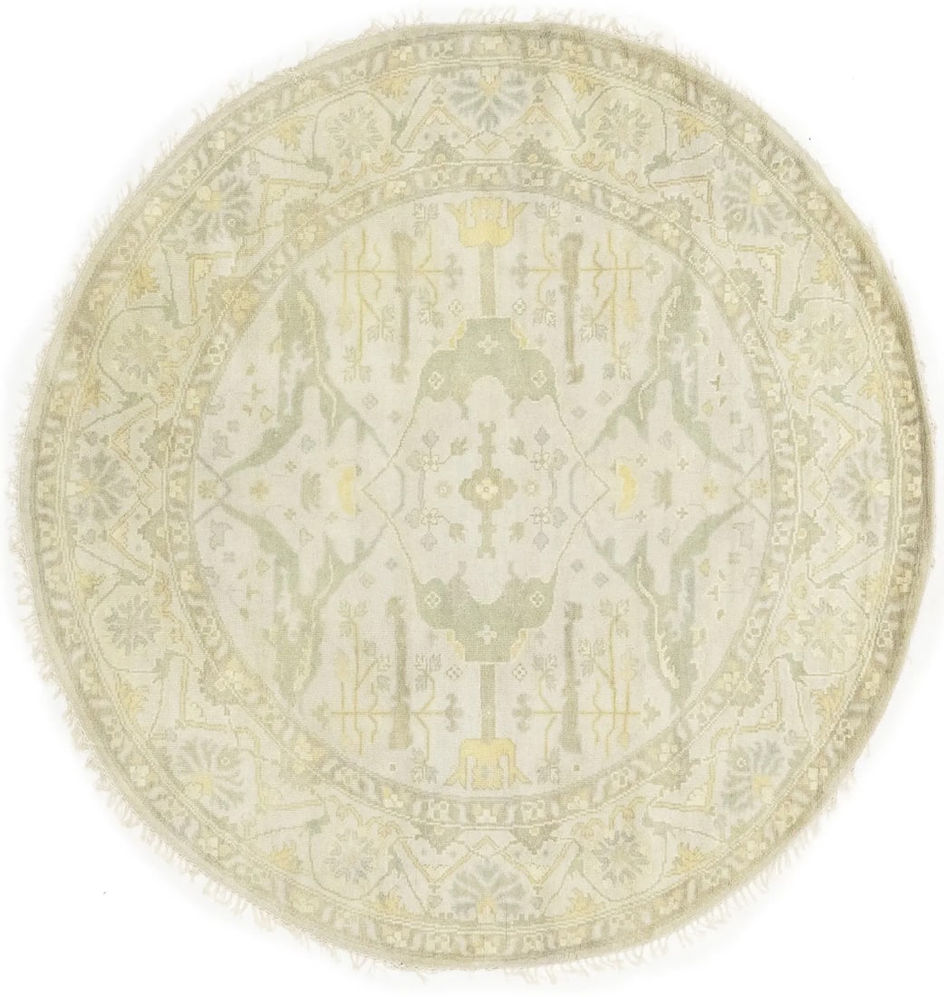 Hand-Knotted Cream Round Oushak Chobi Floral Wool Rug 8'0 x 8'0 (1 of 10)