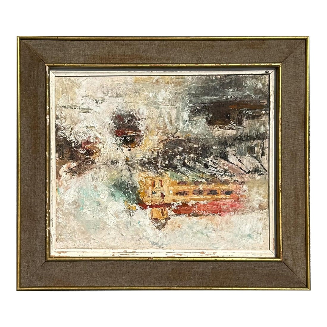 Impressionist Harbor Scene Oil Painting Framed on Canvas: Impressionist Harbor Scene Oil Painting Framed on Canvas This vintage boho oil painting features an abstract impressionistic harbor scene rendered on canvas. Thick, expressive brushstrokes create a dr