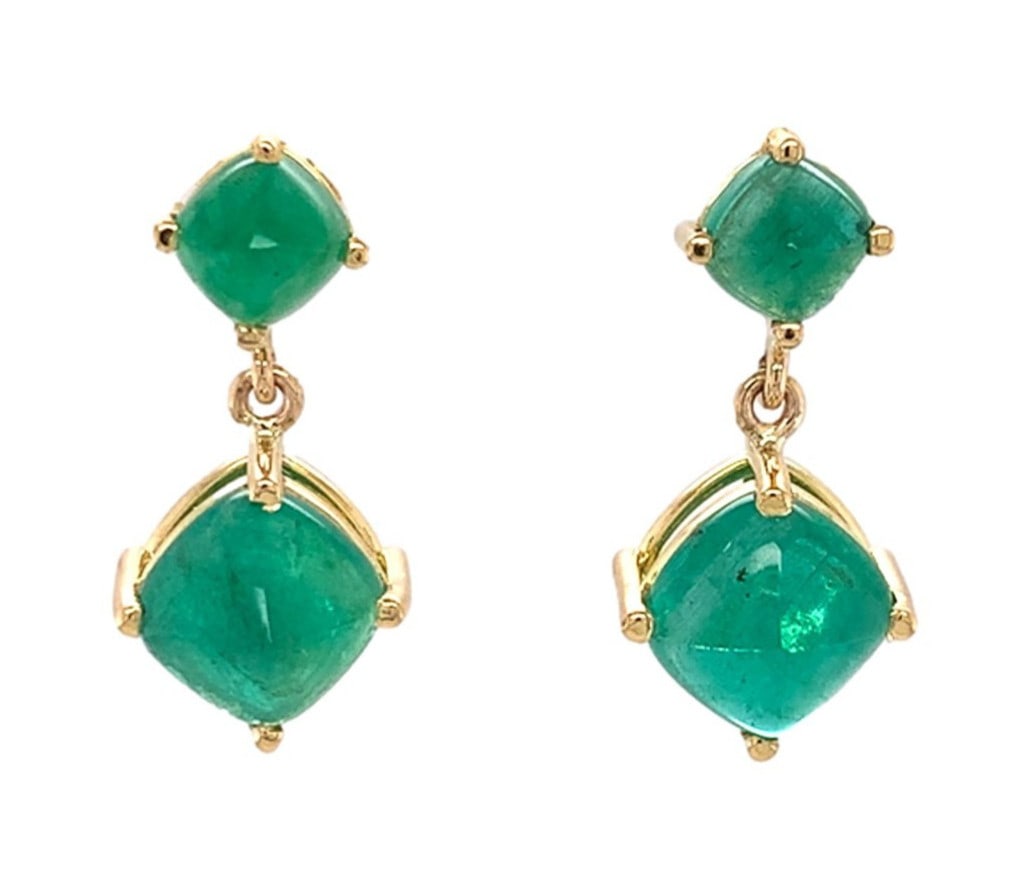 18k Yellow Gold 5.53ct Sugarloaf Emerald Drop Earrings Authentic GIA: 18k Yellow Gold 5.53ct Sugarloaf Emerald Drop Earrings Authentic GIA Adorn your ears with these stunning 18k Yellow Gold Sugarloaf Cut Drop Earrings featuring genuine emeralds. The earrings showcase a