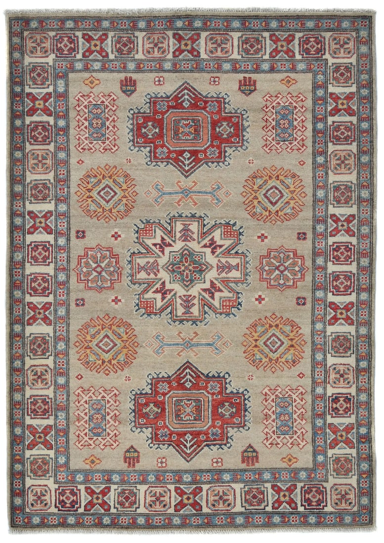Hand-Knotted Kazak Modern Geometric Wool Area Rug 4'1 x 5'11: Hand-Knotted Kazak Modern Geometric Wool Area Rug 4'1 x 5'11 This hand-knotted Kazak rug features a striking geometric modern design, perfect for enhancing your home decor. Measuring 4'1" x 5'11", it