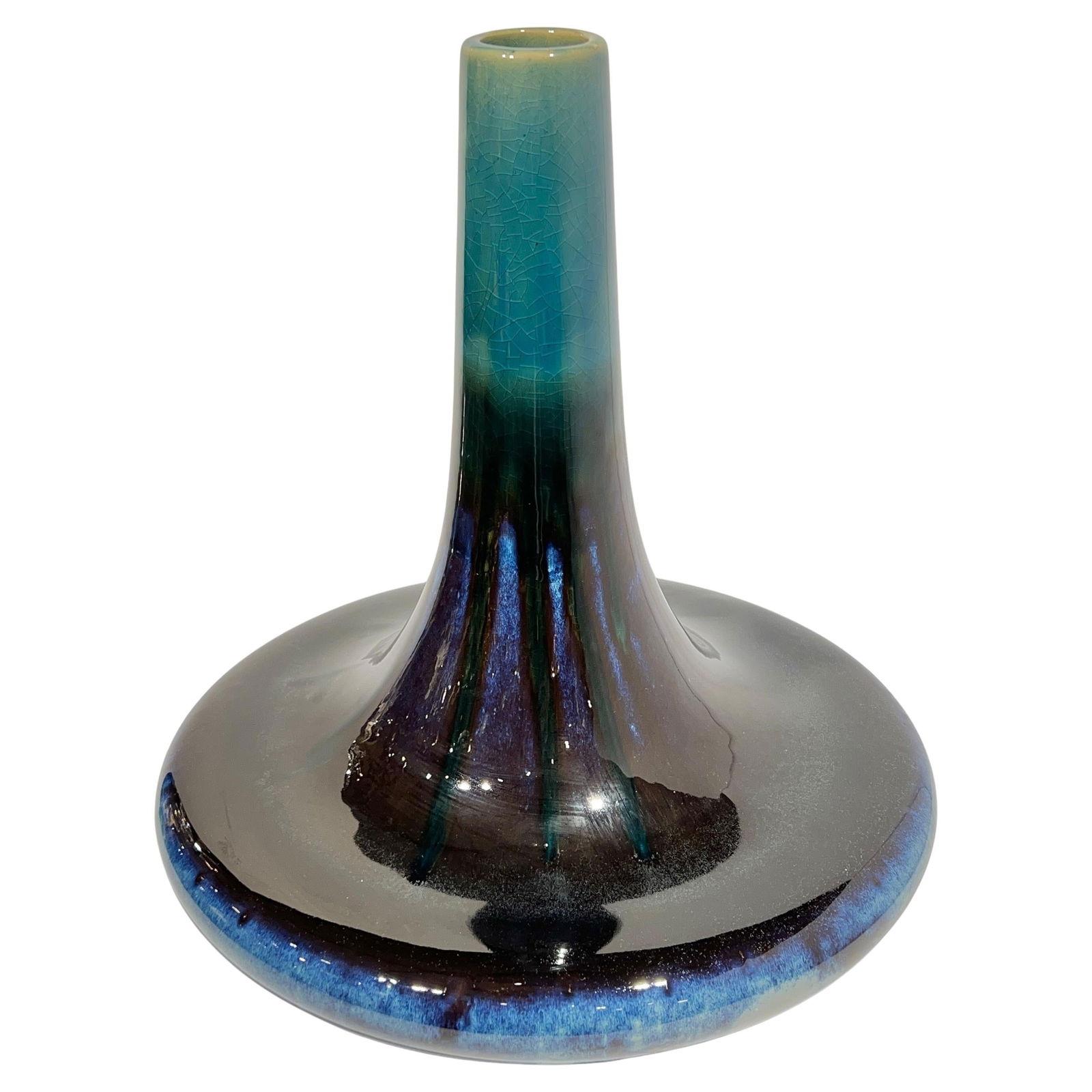 Chinese Ceramic Vase with Blue and Violet Flambe Glaze 14 Inch: Chinese Ceramic Vase with Blue and Violet Flambe Glaze 14 Inch This vintage ceramic centerpiece vase features a striking flambe glaze in shades of violet, blue, and turquoise. Crafted in China during