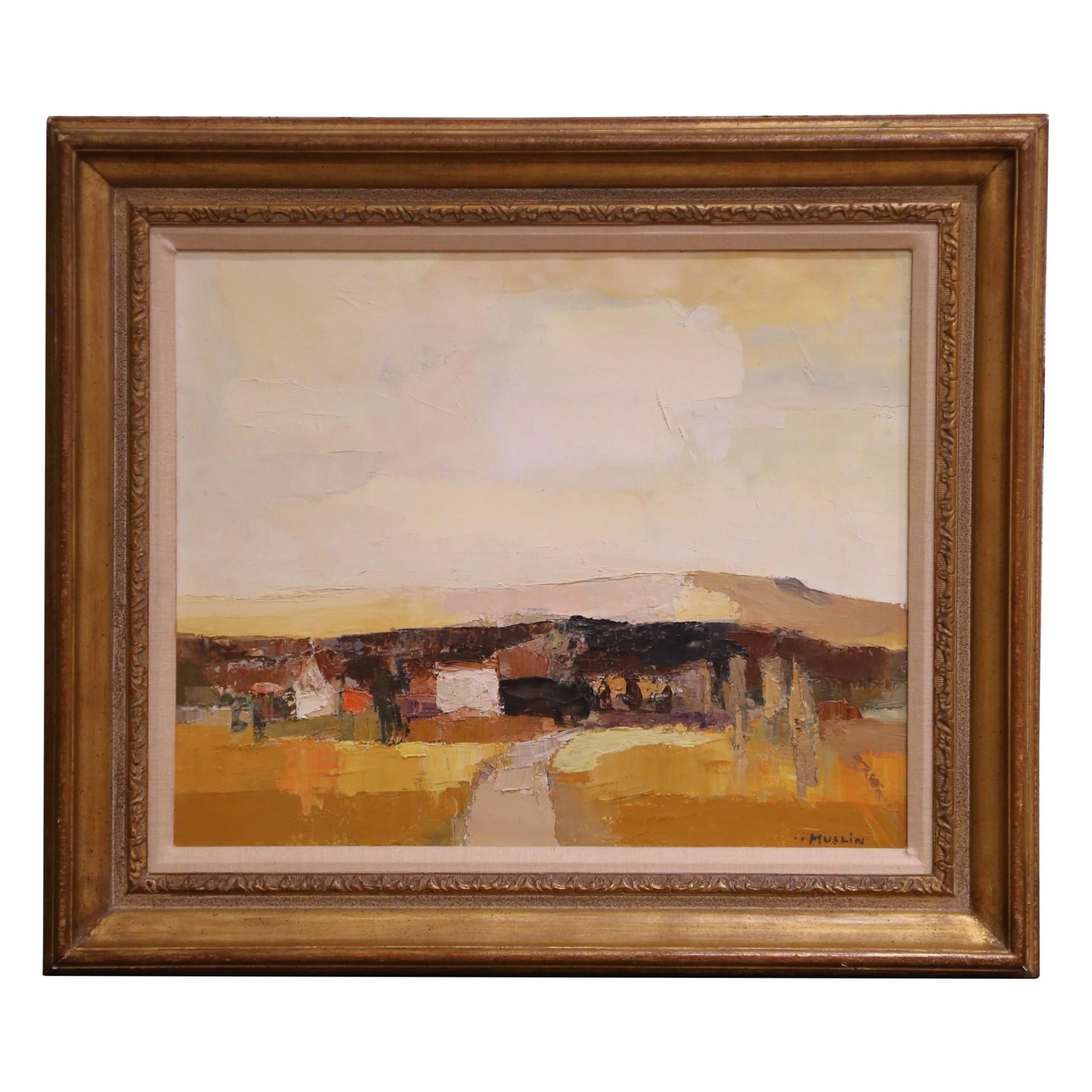 French Mid-Century Oil Painting Paysage d'Alsace by Joseph Muslin Signed: French Mid-Century Oil Painting Paysage d'Alsace by Joseph Muslin Signed This mid-century French oil painting, titled "Paysage d'Alsace," is an original work by Joseph Muslin (1911-2003). The piece de