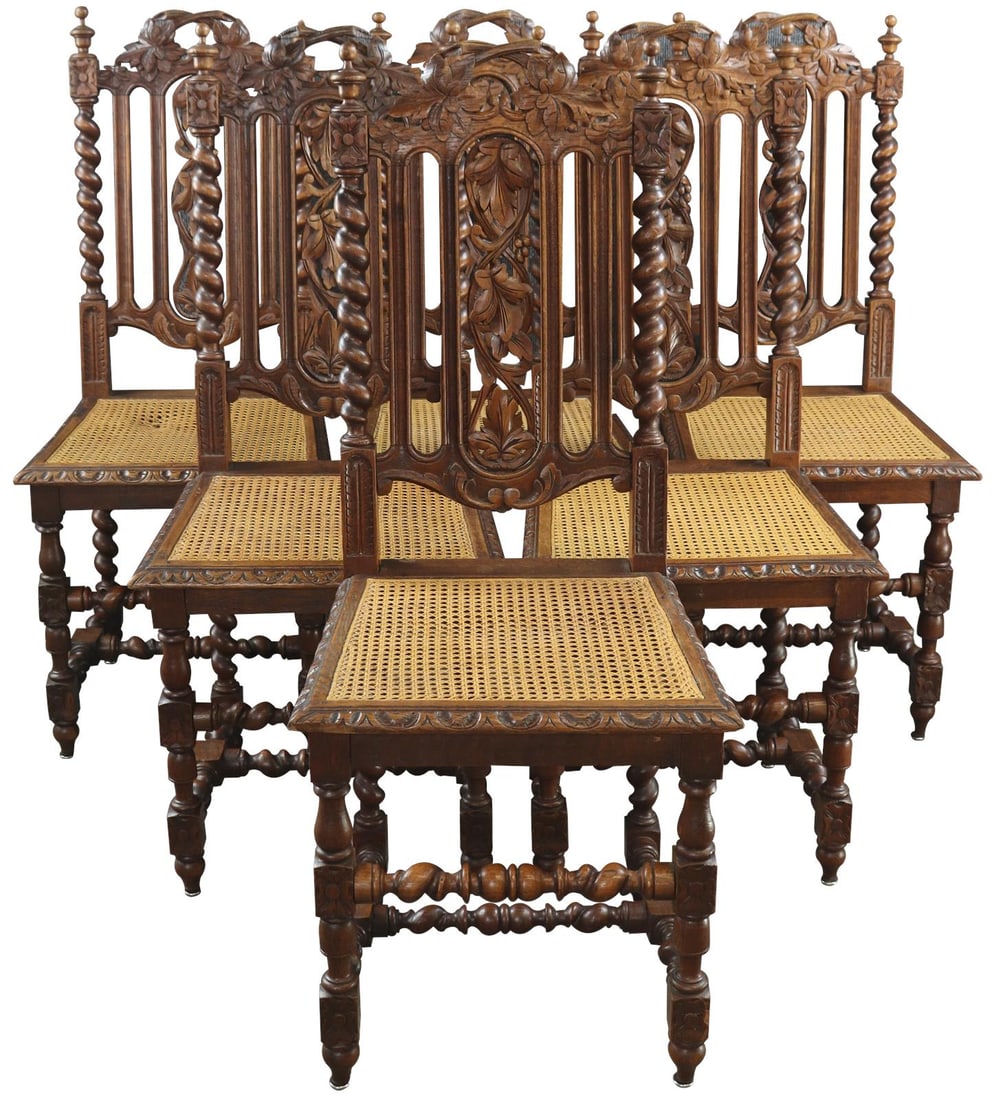 Set of Vintage Hunting Style Cane Seat Dining Chairs 1880: Set of Vintage Hunting Style Cane Seat Dining Chairs 1880 Discover the charm of these Vintage Barley Twist Cane Seat Dining Chairs, expertly crafted in 1880. These chairs feature a classic Hunting Sty